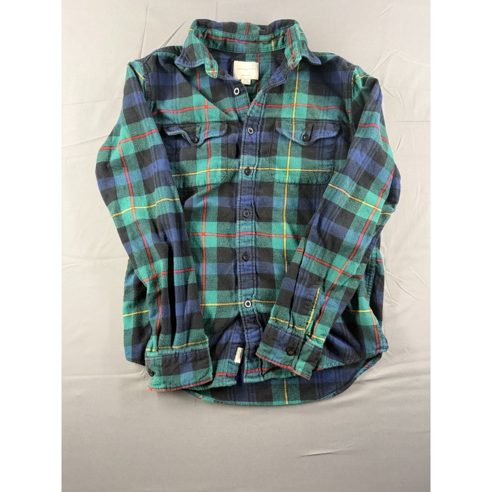 American Eagle Mens Small Flannel Shirt Plaid Green Blue Classic Fit Button Up